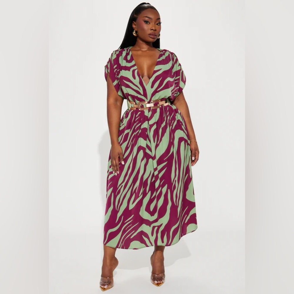 Fashion Nova Talia Vibrant Green Purple Graphic Pattern Vacation Maxi Dress M